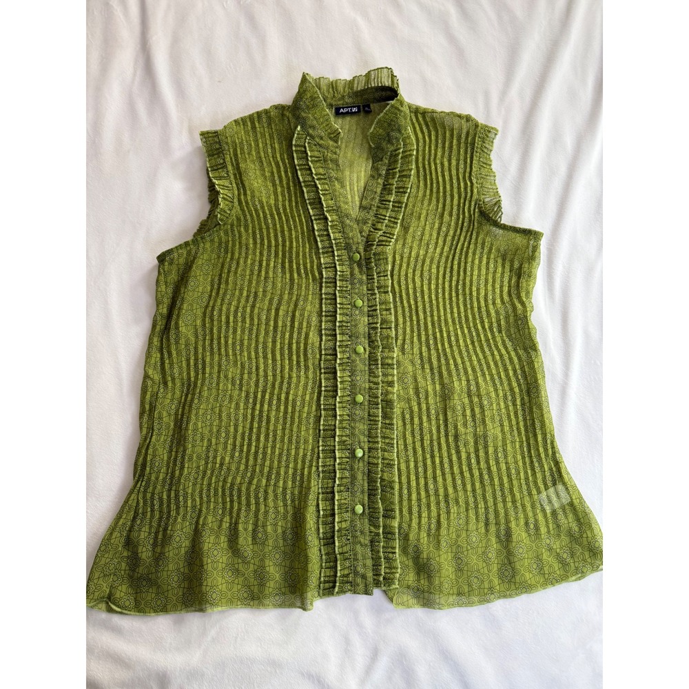 Apt. 9 Olive Green Pleated Ruffle Sleeveless Blouse XL Floral Button Front Top